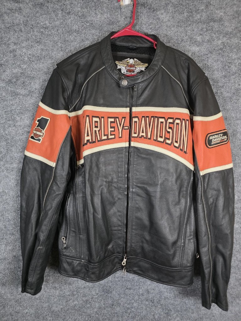 Harley Davidson Leather Jacket Mens Xl Black Orange Racing Motorcycle Moto